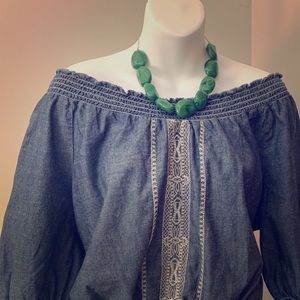 Denim off the shoulder blouse with gathered waist